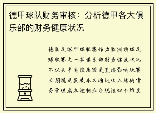 德甲球队财务审核：分析德甲各大俱乐部的财务健康状况