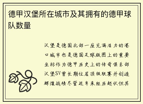 德甲汉堡所在城市及其拥有的德甲球队数量